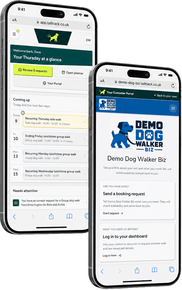 TailTrack owner portal and branded client portal shown side by side
