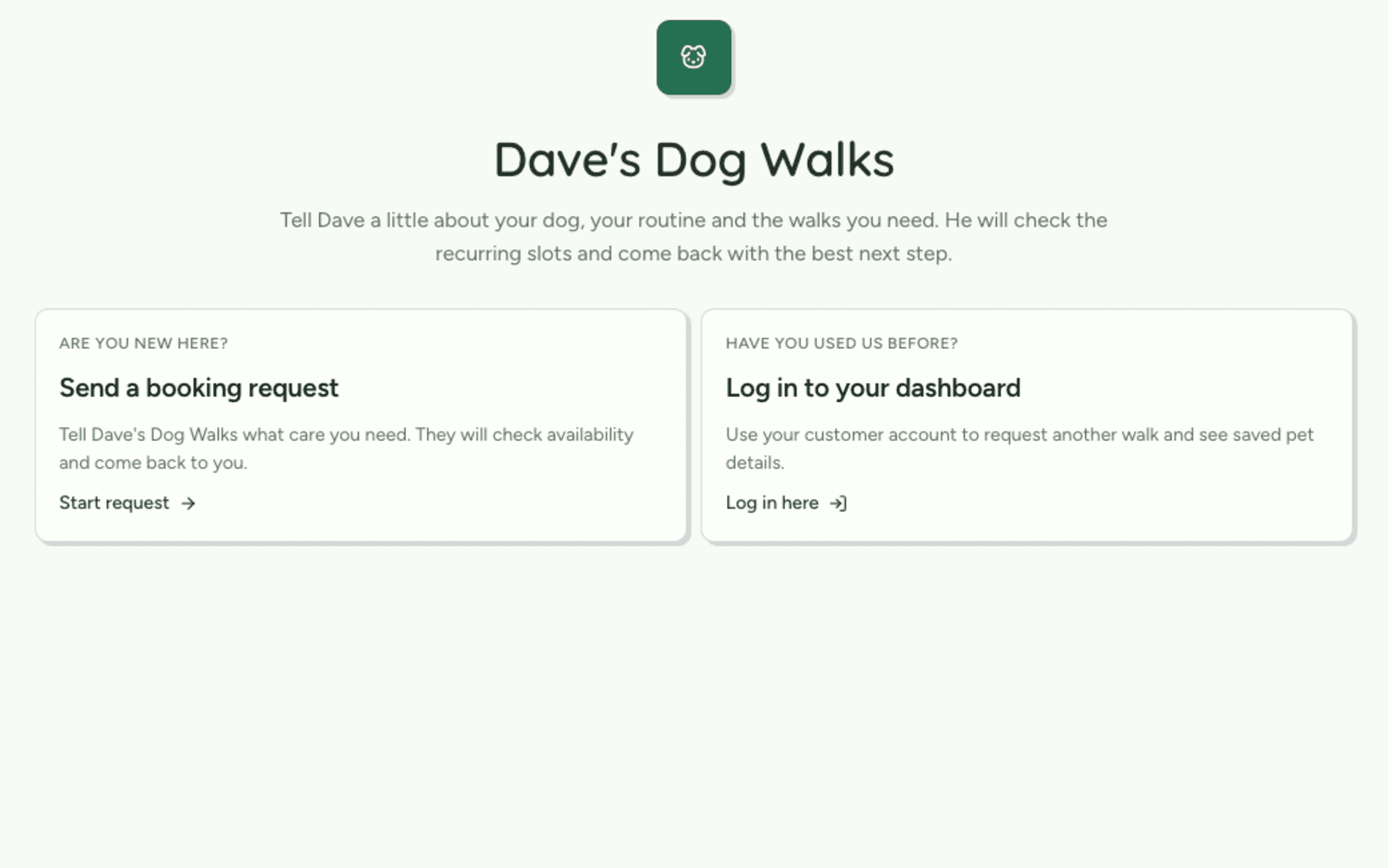 Dave's Dog Walks branded portal entry screen