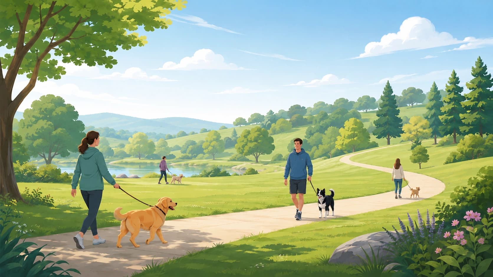 A dog walking beside its owner on a sunny green